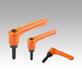 Clamping levers, die-cast zinc, flat with external thread, pure orange satin finish, threaded insert black oxidised steel