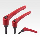 Clamping levers, steel with external thread, ruby red, threaded insert black oxidised steel, inch