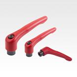 Clamping levers, steel with internal thread, ruby red, threaded insert black oxidised steel, inch
