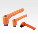 Clamping levers, die-cast zinc, flat with internal thread, pure orange satin finish, threaded insert black oxidised steel, inch