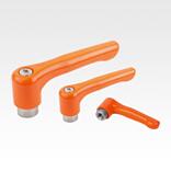 Clamping levers, die-cast zinc, flat with internal thread, pure orange satin finish, threaded insert stainless steel, inch