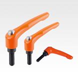 Clamping levers, die-cast zinc with external thread and protective cap, pure orange satin finish, threaded insert black oxidised steel - inch
