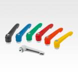 Clamping levers, plastic, with internal thread and zinc toothed ring, threaded insert blue passivated steel