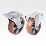 Steel plate swivel and fixed castors with elastic solid rubber tread, medium load version