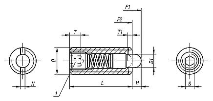 Spring plungers with hex socket and thrust pin,  stainless steel, standard spring force - inch