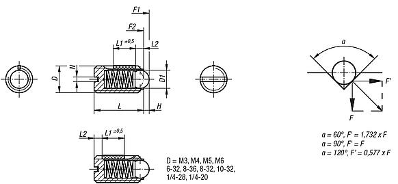 Spring plungers with slot and ball, steel, with thread lock - inch