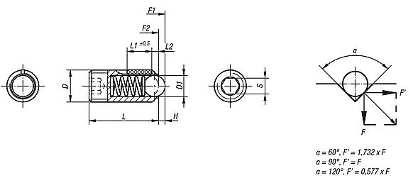 Spring plungers with hex socket and ball, steel, with thread lock - inch