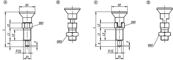 Indexing plungers, steel or stainless steel with plastic mushroom grip and extended indexing pin, inch