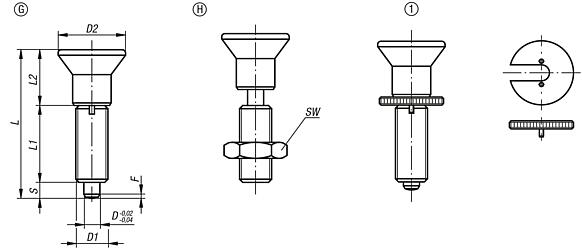 Indexing plungers, stainless steel, without collar, with stainless steel mushroom grip - inch