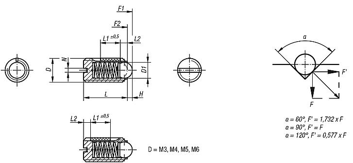 Spring plungers with slot and ball, stainless steel, standard spring force, with thread lock