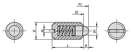 Spring plungers with slot and thrust pin, steel, standard spring force – inch