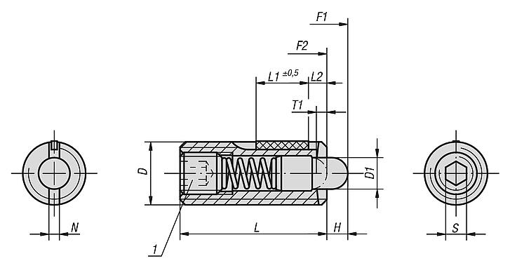 Spring plungers with hex socket and POM thrust pin, standard spring force, with thread lock - inch