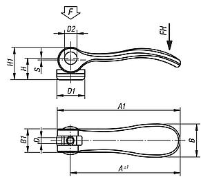 Cam levers, steel, with internal thread, plastic-metal thrust washer
