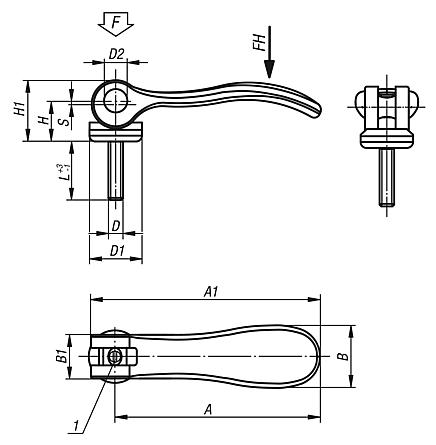 Cam levers, stainless steel, adjustable with external thread, plastic-metal thrust washer and stainless steel stud