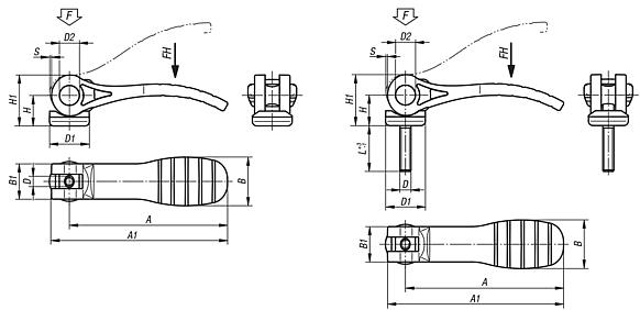 Cam levers, plastic with internal and external thread, plastic-metal thrust washer and steel or stainless steel stud - inch