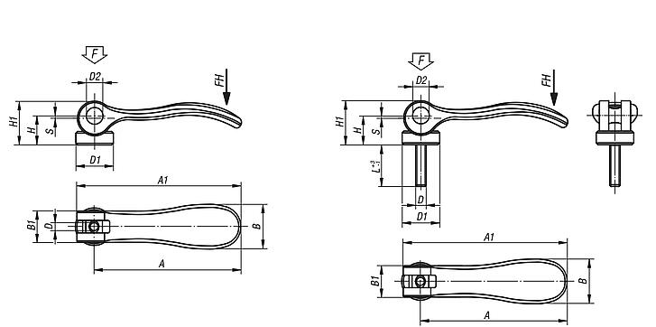 Cam levers, steel with internal or external thread, plastic thrust washer and steel stud - inch