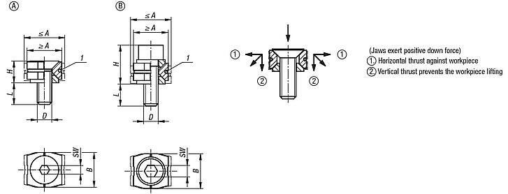 Wedge clamps, steel, with wedge faces