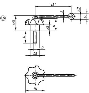 Star grips with safety cable similar to DIN 6336, external thread, Form LS, inch