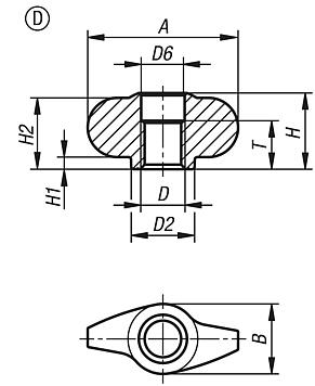 Wing grips "Miniwing", stainless steel, Form D, thread bored out, inch