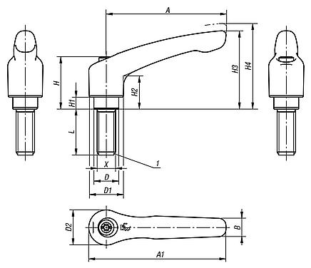 Clamping levers, electropolished or abrasive blasted stainless steel, with external thread, threaded insert stainless steel, inch