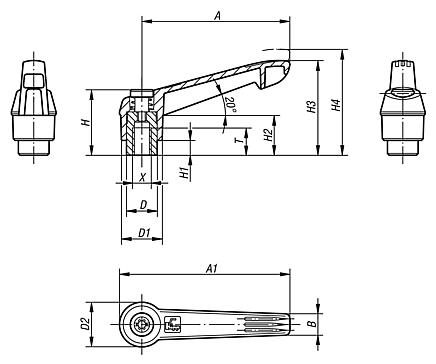 Clamping levers, plastic, with internal thread and zinc toothed ring, threaded insert blue passivated steel