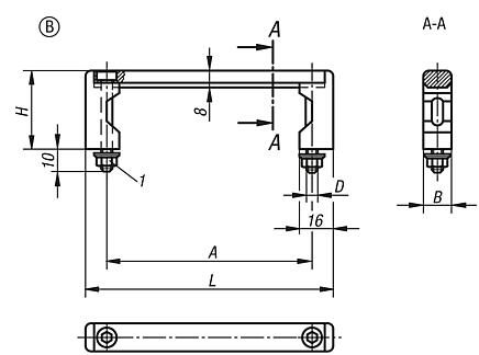 Pull handles, aluminium with plastic grip legs and smooth grip, mounted from the front