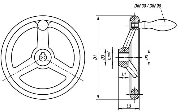 Handwheels DIN 950, aluminium, with fixed grip
