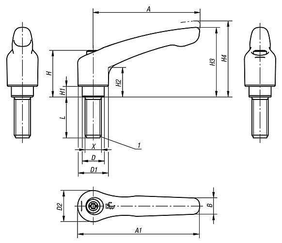 Clamping levers, die-cast zinc, with external thread, satin finish, threaded insert stainless steel