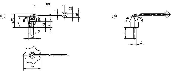 Star grips with safety cable similar to DIN 6336, inch