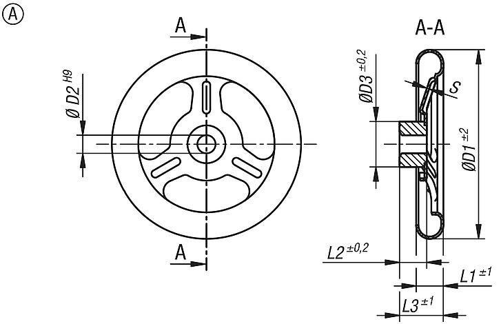 Spoked handwheels, sheet stainless steel, Form A 3 spokes