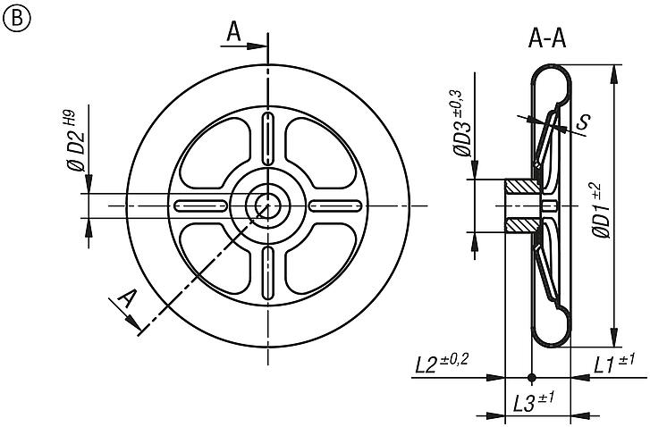 Spoked handwheels, sheet stainless steel, Form B 4 spokes
