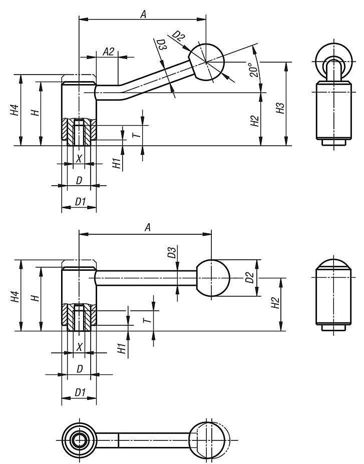 Tension levers internal thread - inch