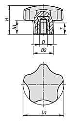 Five lobe grip, plastic (thermoset) with internal thread, threaded insert steel or stainless steel