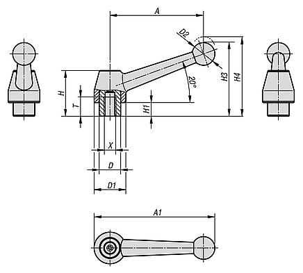 Clamping levers, steel with internal thread, hammer tone enamelled, threaded insert black oxidised steel, inch
