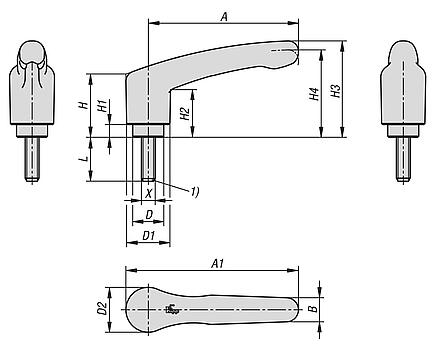 Clamping levers, plastic, visually detectable with external thread, threaded pin stainless steel