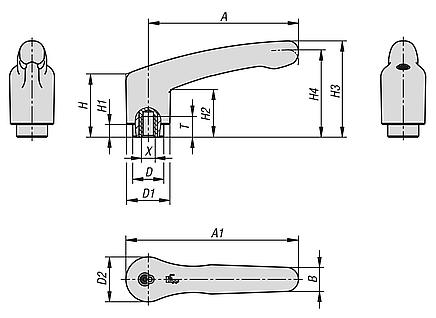 Clamping levers, plastic, with internal thread and safety function - inch