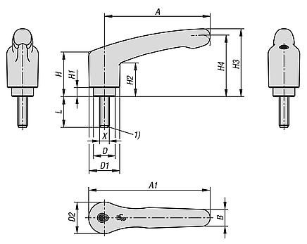 Clamping levers, plastic with external thread and safety function, thread insert stainless steel