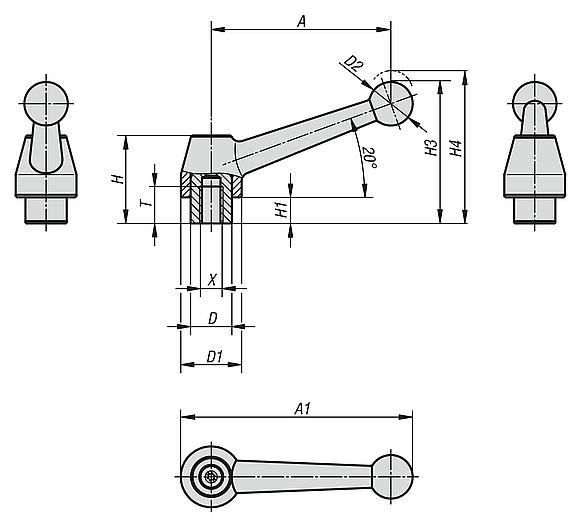 Clamping levers, electropolished stainless steel, with internal thread, threaded insert stainless steel