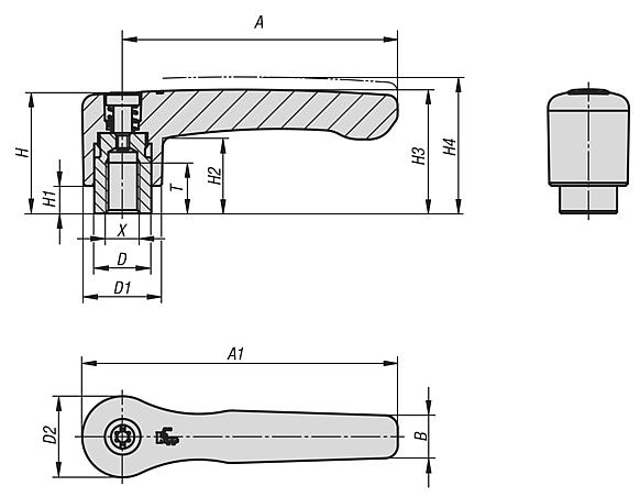 Clamping levers, die-cast zinc, flat with internal thread, threaded insert black oxidised steel, inch