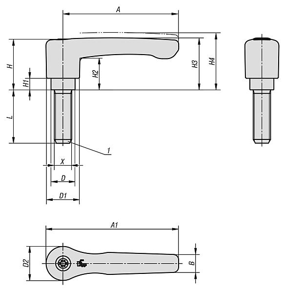 Clamping levers, die-cast zinc, flat with external thread, pure orange satin finish, threaded insert stainless steel