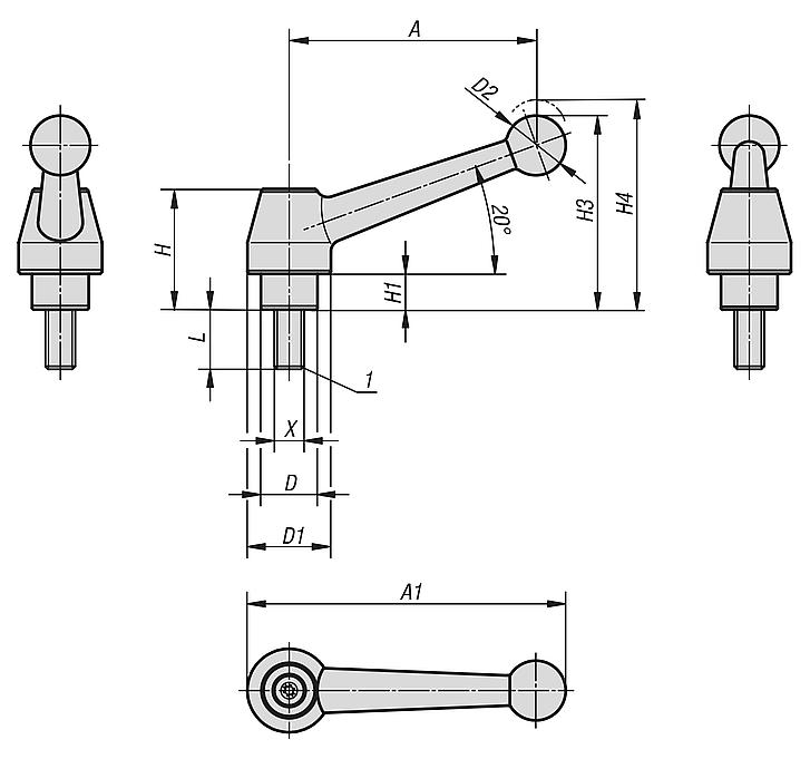 Clamping levers, steel, with external thread, hammer tone enamelled, threaded insert black oxidised steel - inch