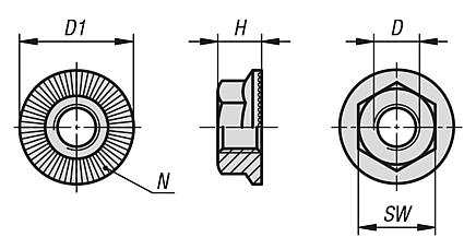 Hexagon nut with serrated flange