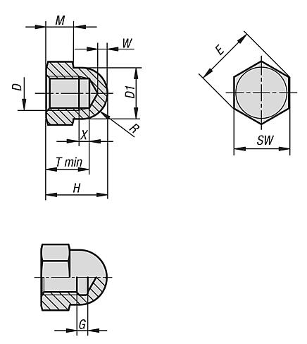 Hex cap nut, high style DIN 1587 steel or stainless steel