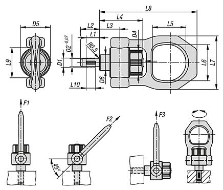 Threaded hoist pin, self-locking, steel with rotating shackle