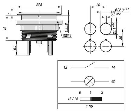 Push button with ring lamp, installation version, Ø 22.3 mm 
flat tab connection, compact